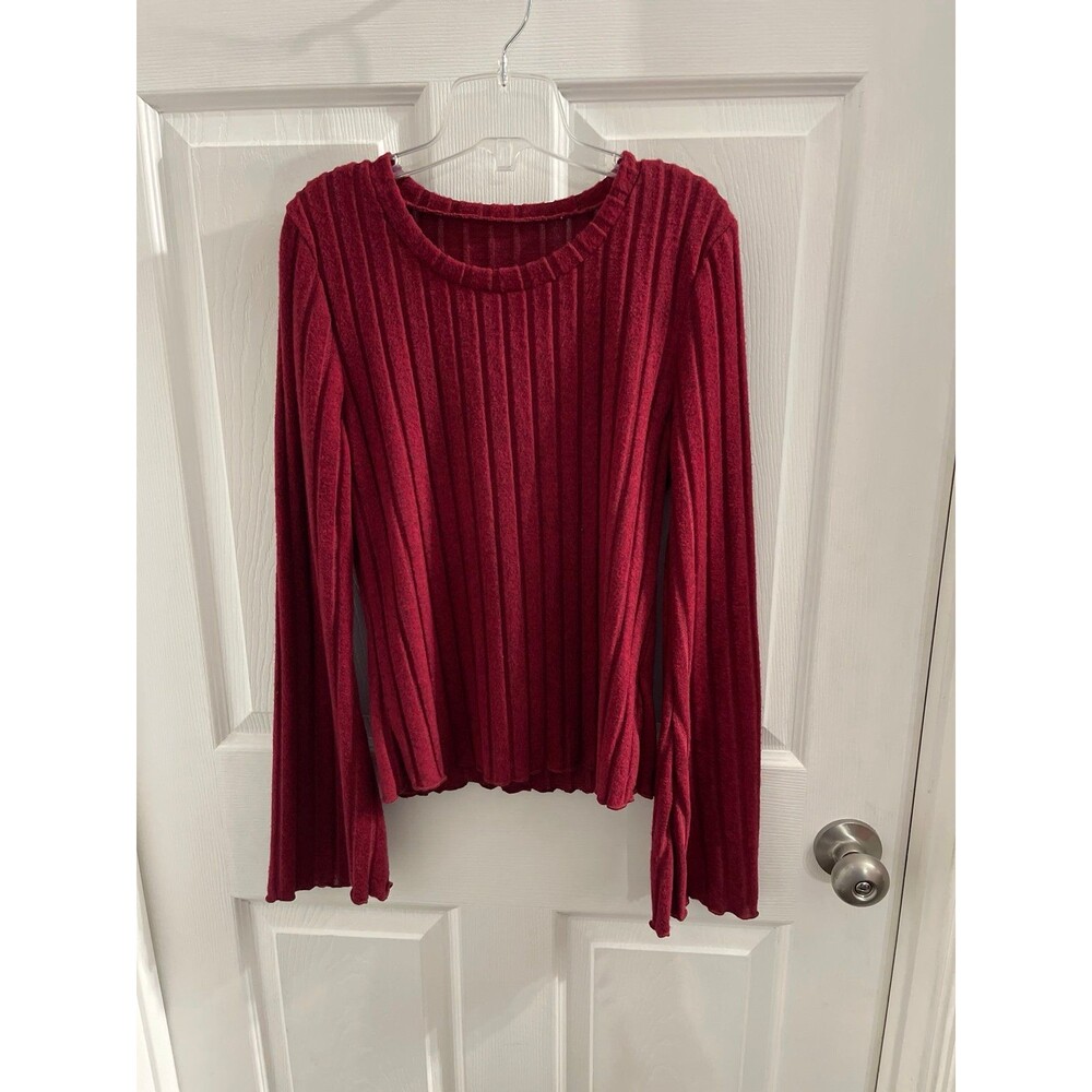 Bell Sleeve Ribbed Shirt Size S Burgundy